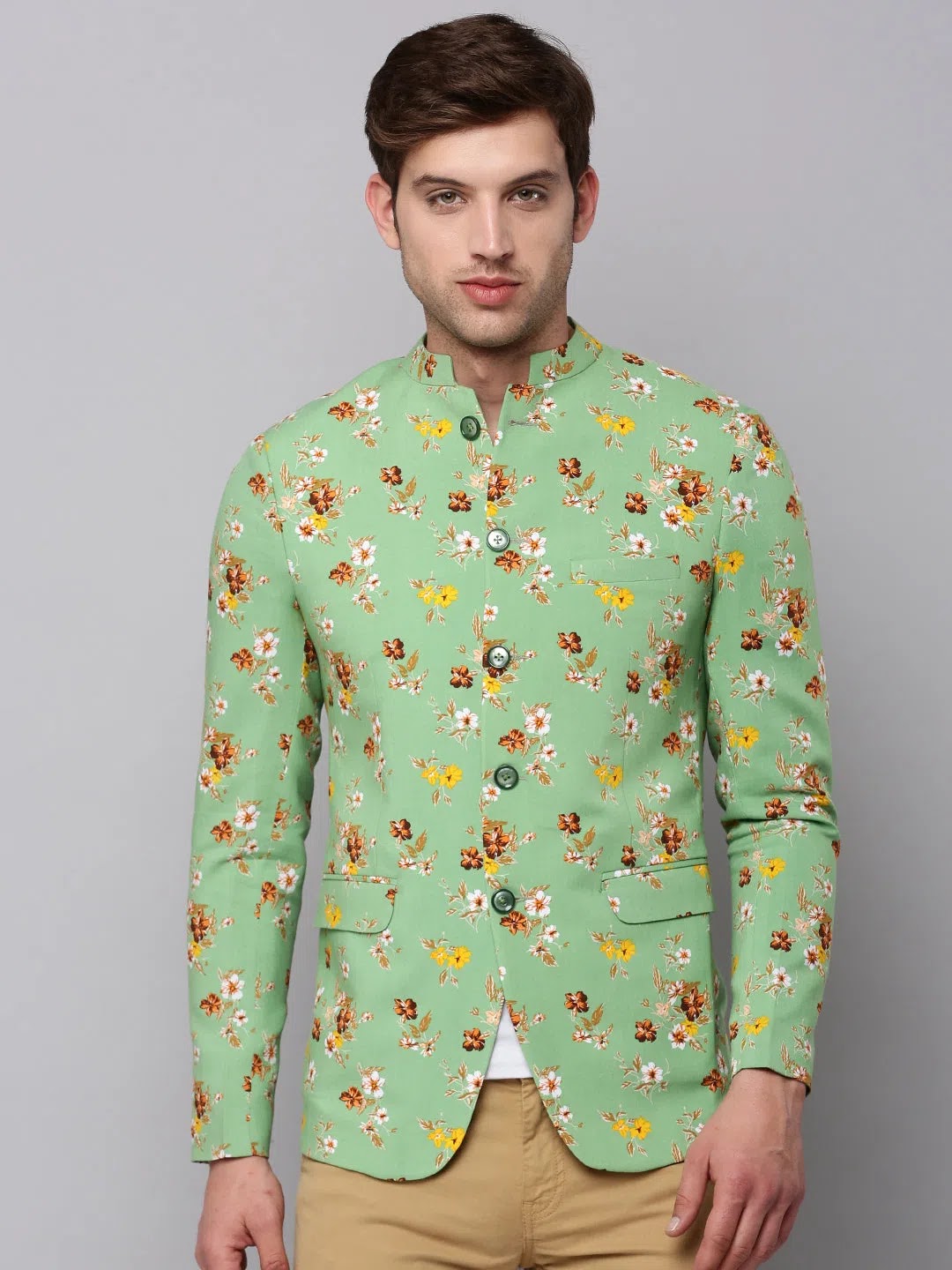 Men's Green Printed Blazer - Stylish Ethnic Nehru Jacket
