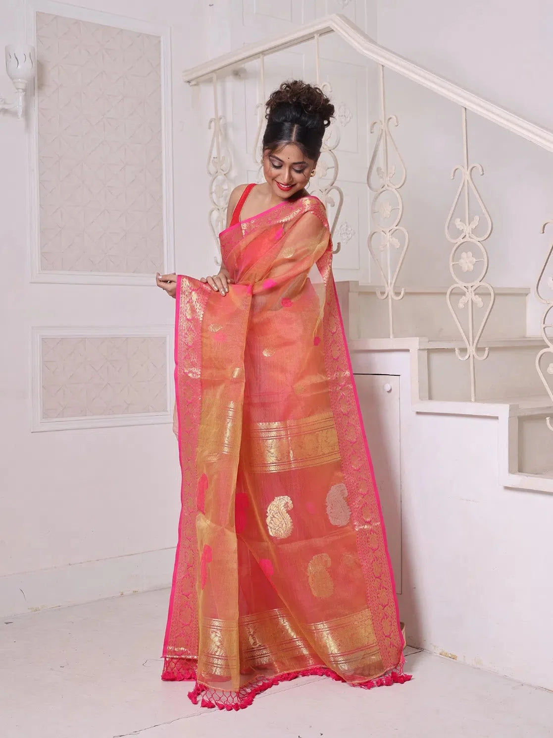 Orange Linen Saree with Zari Border | Designer Sarees India