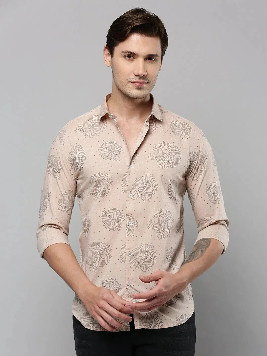 Trending Beige Printed Mens Shirt - Cotton Casual Shirt | DesiQlo