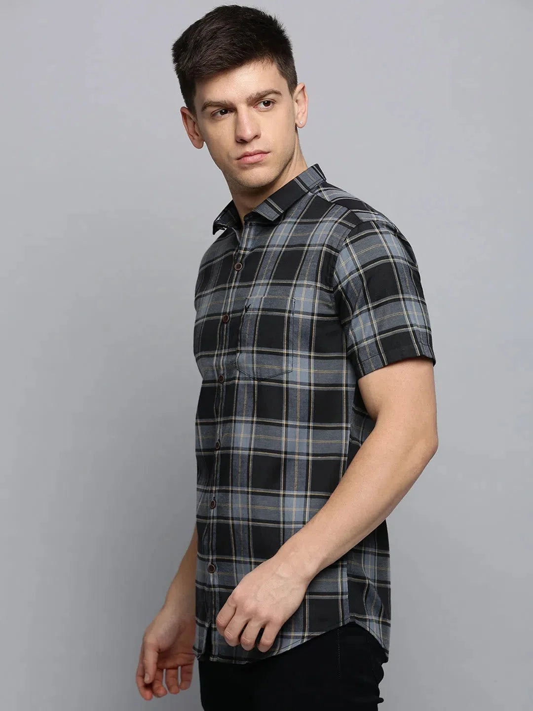 Grey Checked Mens Shirt - Cotton Casual Shirt | DesiQlo