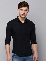 Men Navy Solid Casual Shirt-LARALILEN-3130-Navyblue