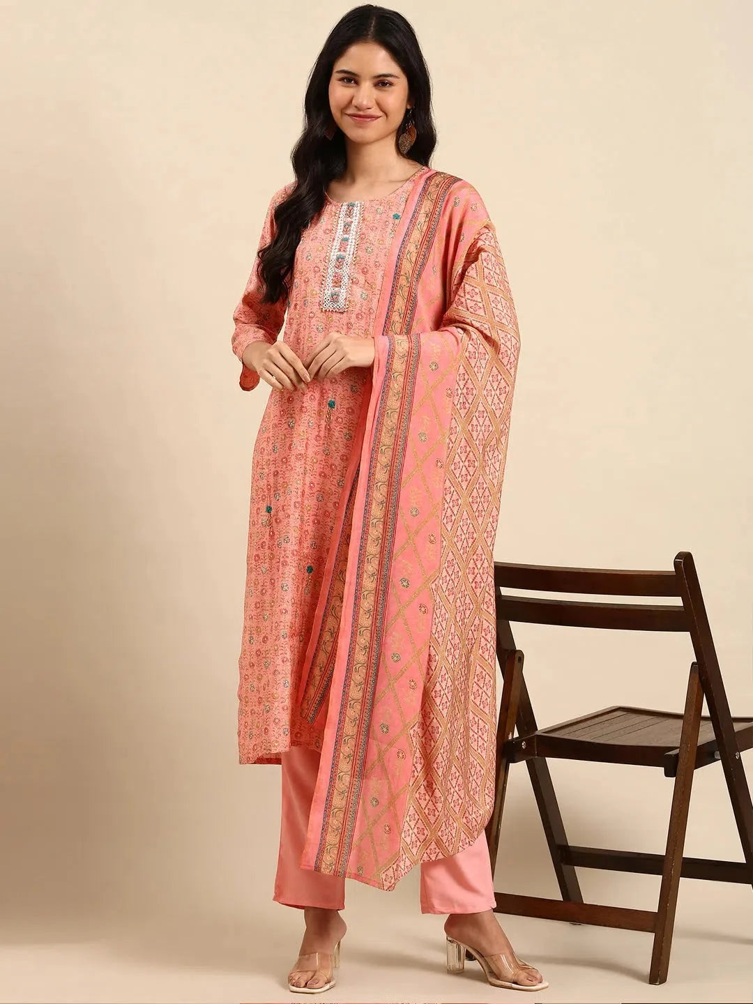 Pink Floral Print Women's Kurta Set | Cotton Indian Kurta Sets