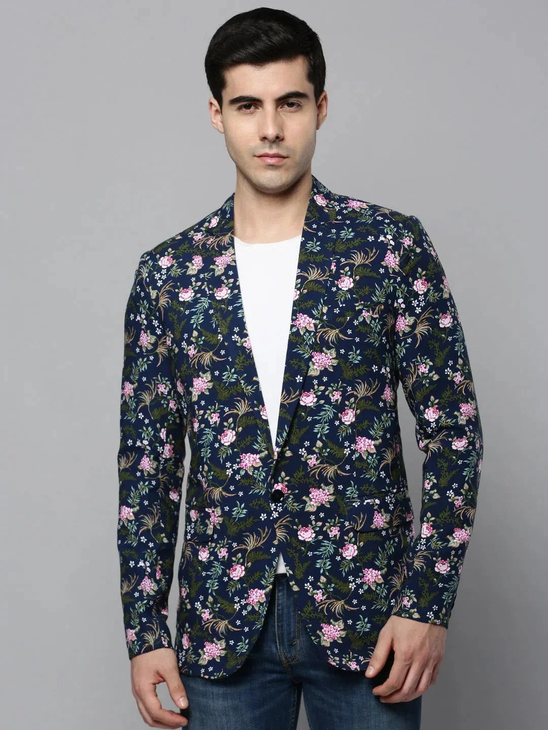 Men's Navy Printed Cotton Blazer | Ethnic Nehru Jacket Style