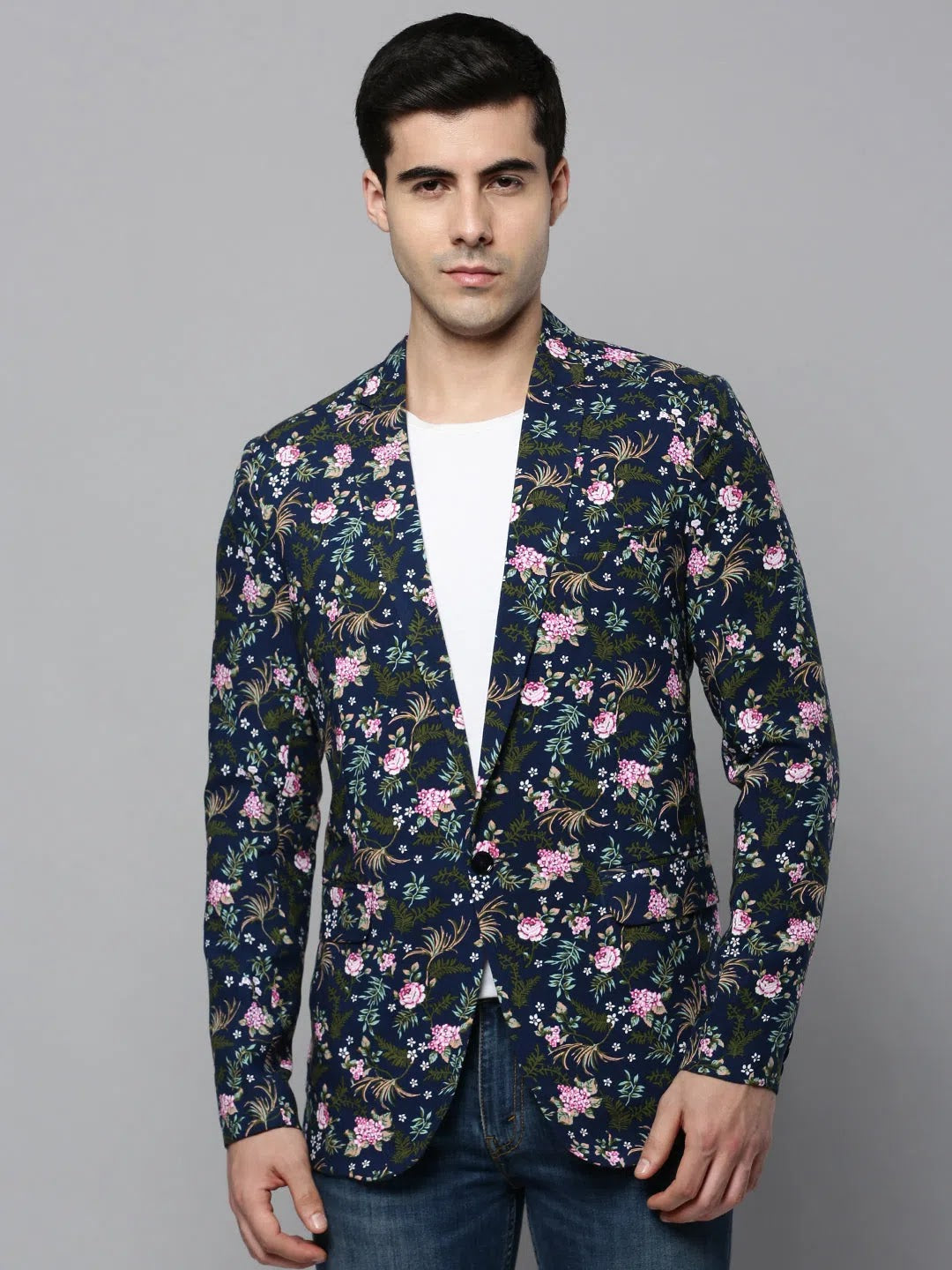 Men's Navy Printed Cotton Blazer | Ethnic Nehru Jacket Style