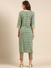 Women's Green Printed Straight Kurta-AT-A789-Green
