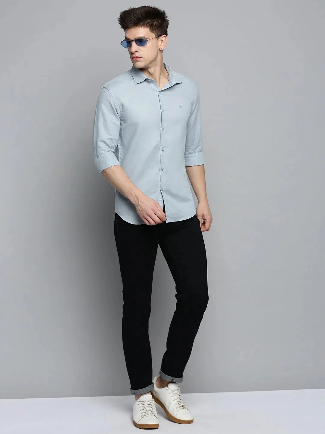 Mens Blue Solid Cotton Shirt - Casual Style | DesiQlo