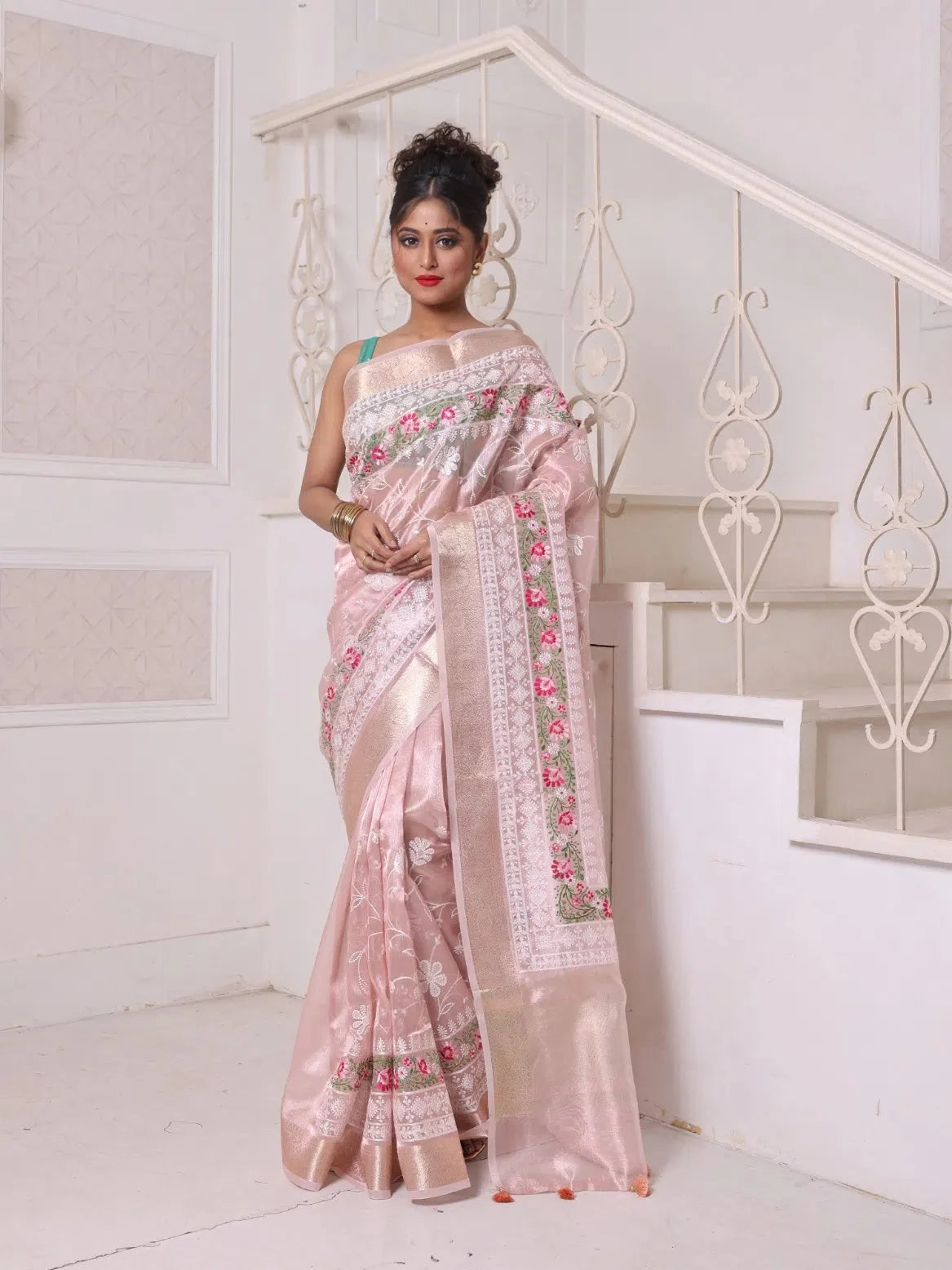Nude Pink Embroidered Cotton Saree | Indian Wedding Sarees