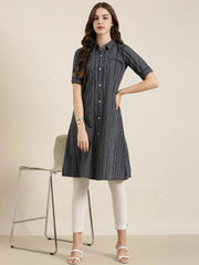Women Navy Blue Striped A-Line Kurta-DF-1598-Navyblue