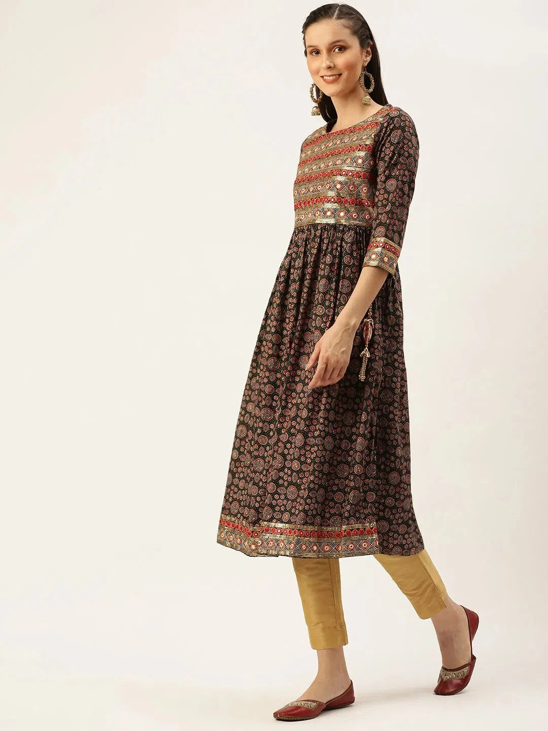 Green Printed Cotton A-Line Indian Kurta for Women