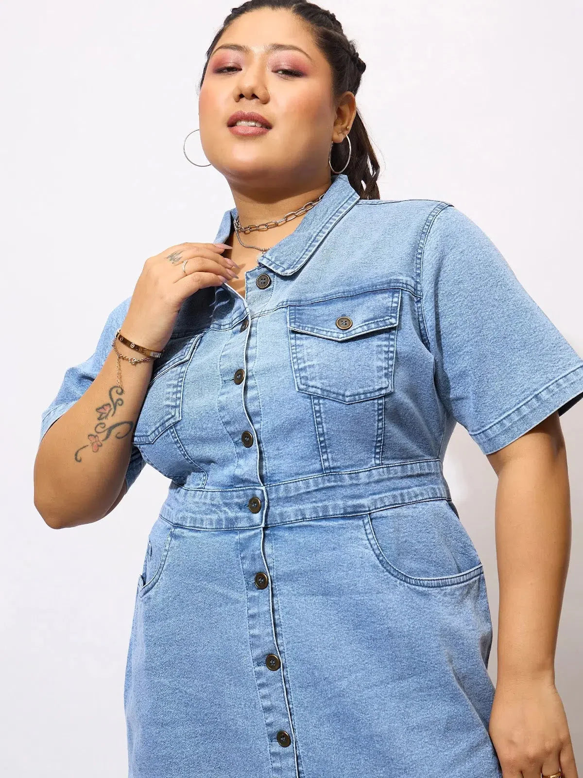 Navy Denim Acid Wash Shirt Dress - Women's Casual Chic Look