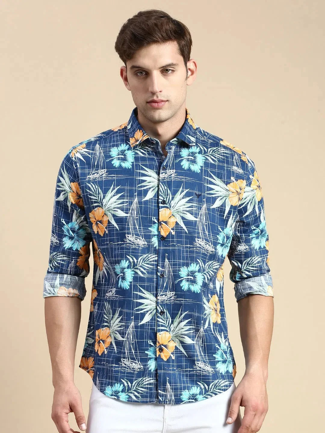Men's Teal Printed Cotton Shirt | Casual Shirts - DesiQlo
