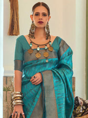 Women's Organza Blue Woven Design Handloom Saree With Blouse Piece-KALKI309005