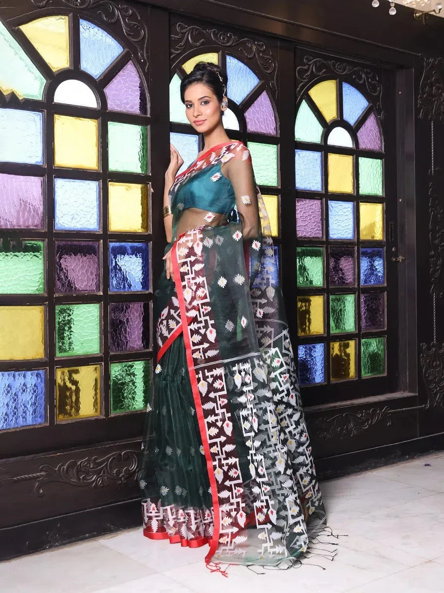 Emerald Green Linen Saree | Indian Sari with Jamdani