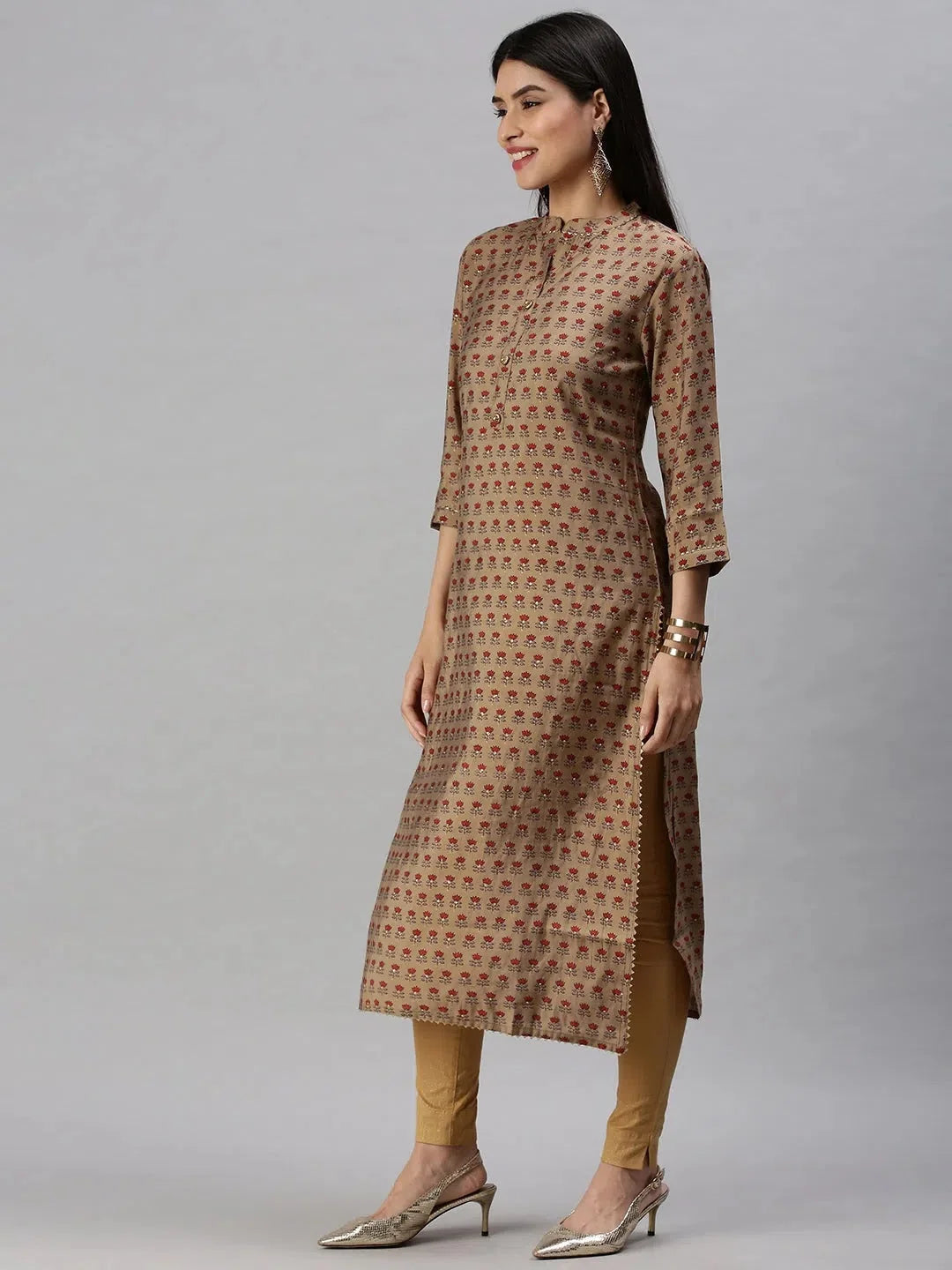 Brown Floral Print Indian Kurta: Cotton Kurtis for Women