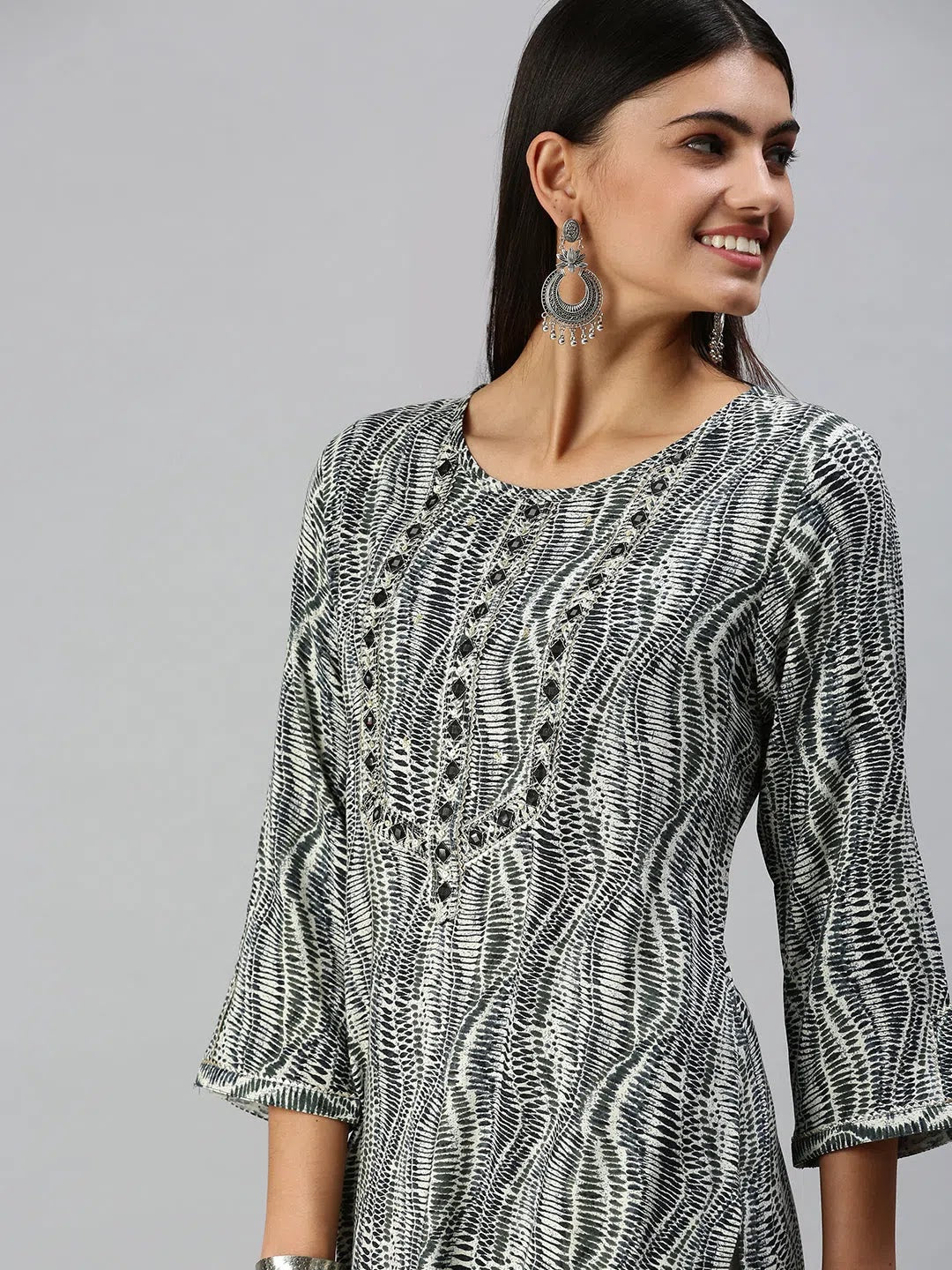 Women's Cream & Blue Printed Straight Kurta-HO136-Cream-Blue
