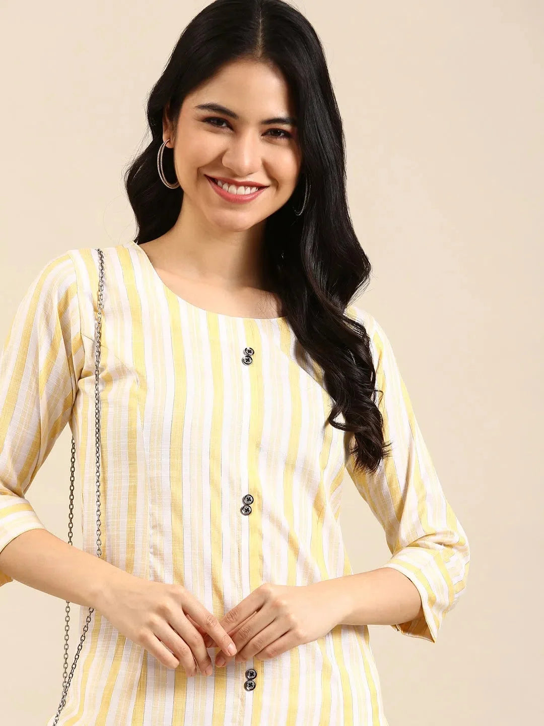 Yellow Striped Cotton Kurta | Women's Casual Indian Kurtis