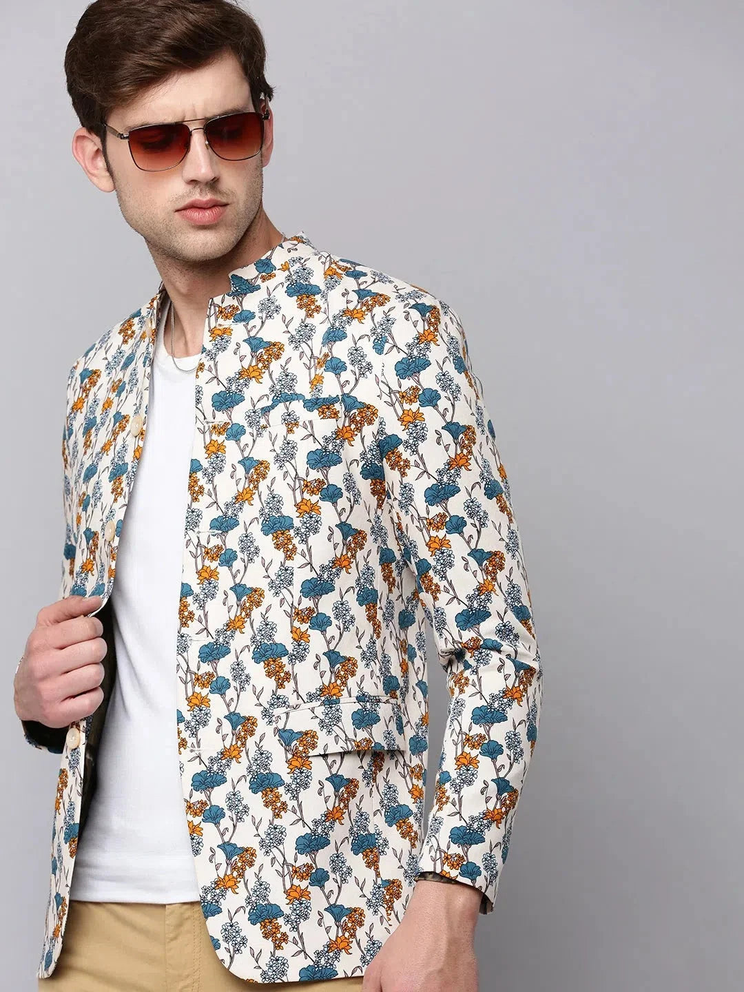 Cream Multi Printed Blazer - Men's Ethnic Wear by DesiQlo