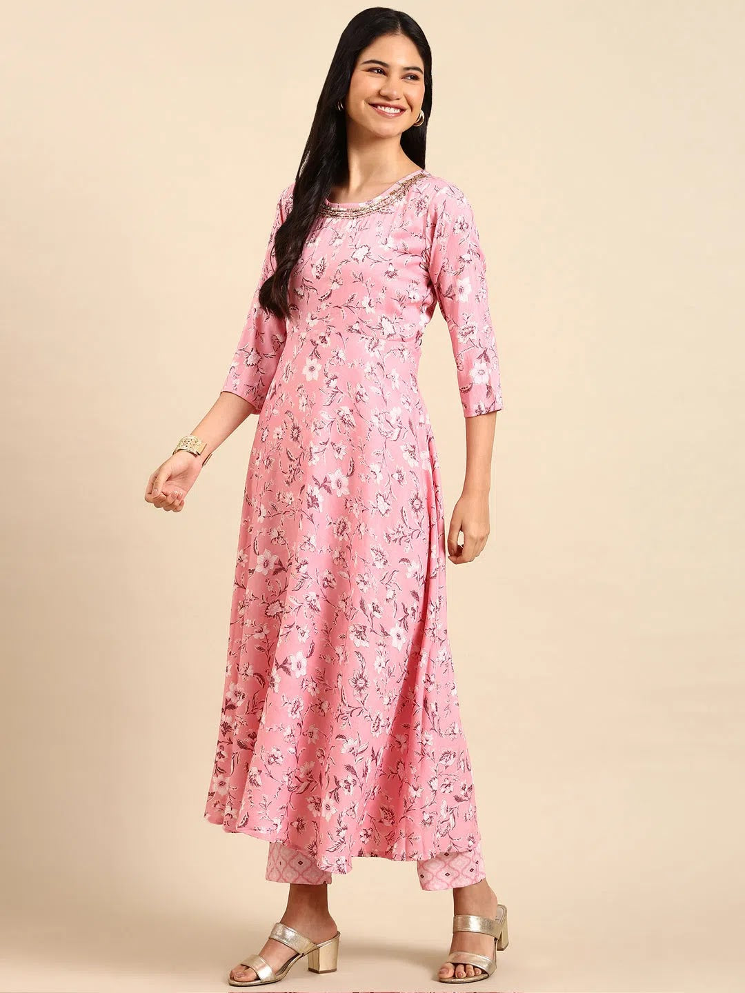 Pink Floral Print Women's Kurta Set | Designer Kurtas