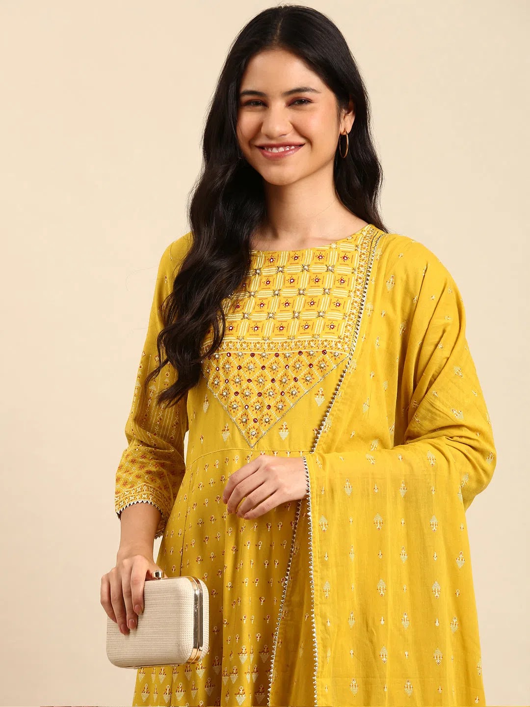 Mustard Printed Cotton Kurta Set | Women's Indian Kurta Sets