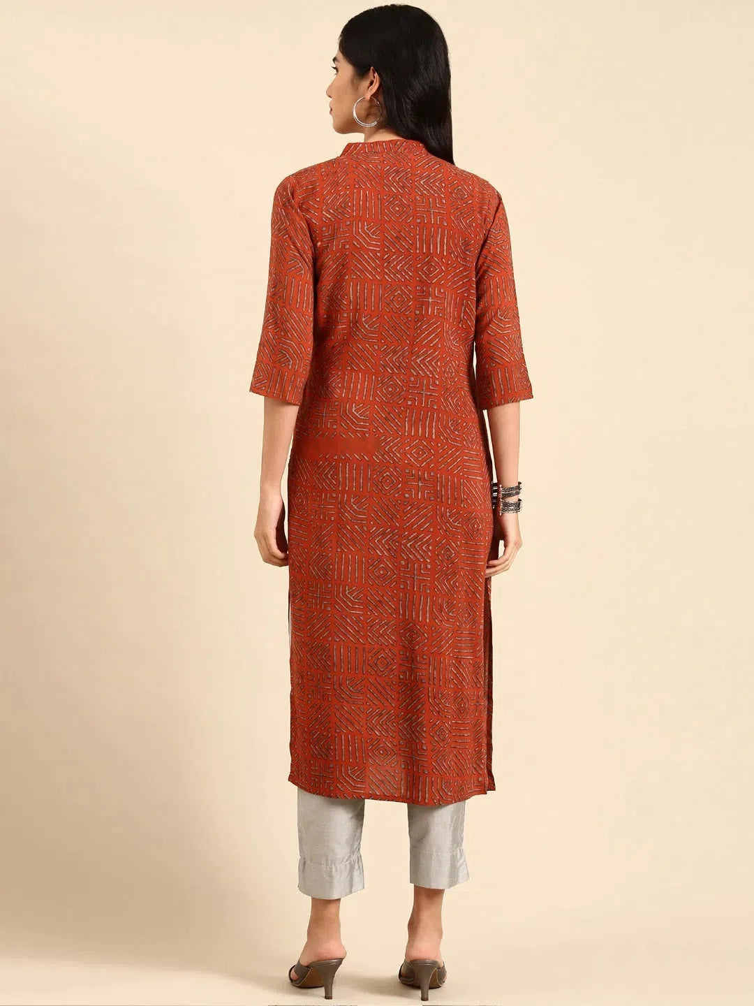 Orange Printed Indian Kurta for Women | Straight Kurtas Online