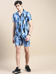 Men Blue Printed Casual Co ord Set-AM-95-9-Blue
