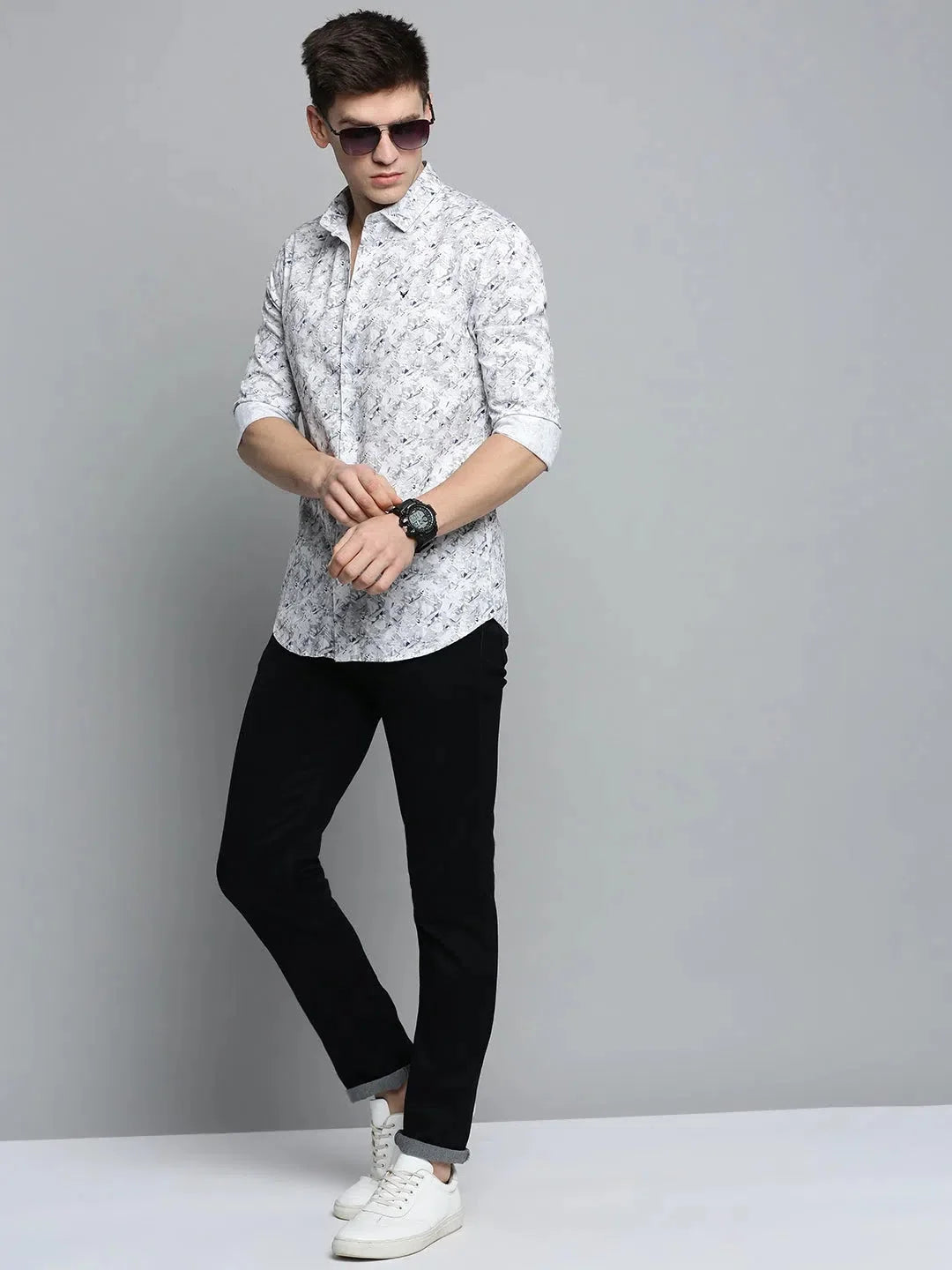 White Printed Mens Shirt - Cotton Casual Shirt by DesiQlo