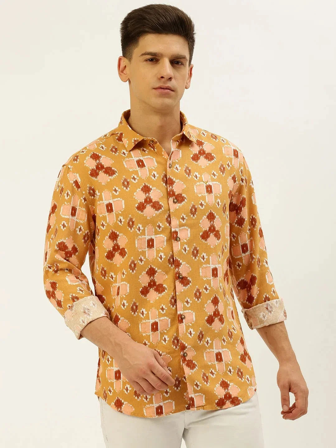 Yellow Printed Linen Shirt - Casual Mens Shirt | DesiQlo
