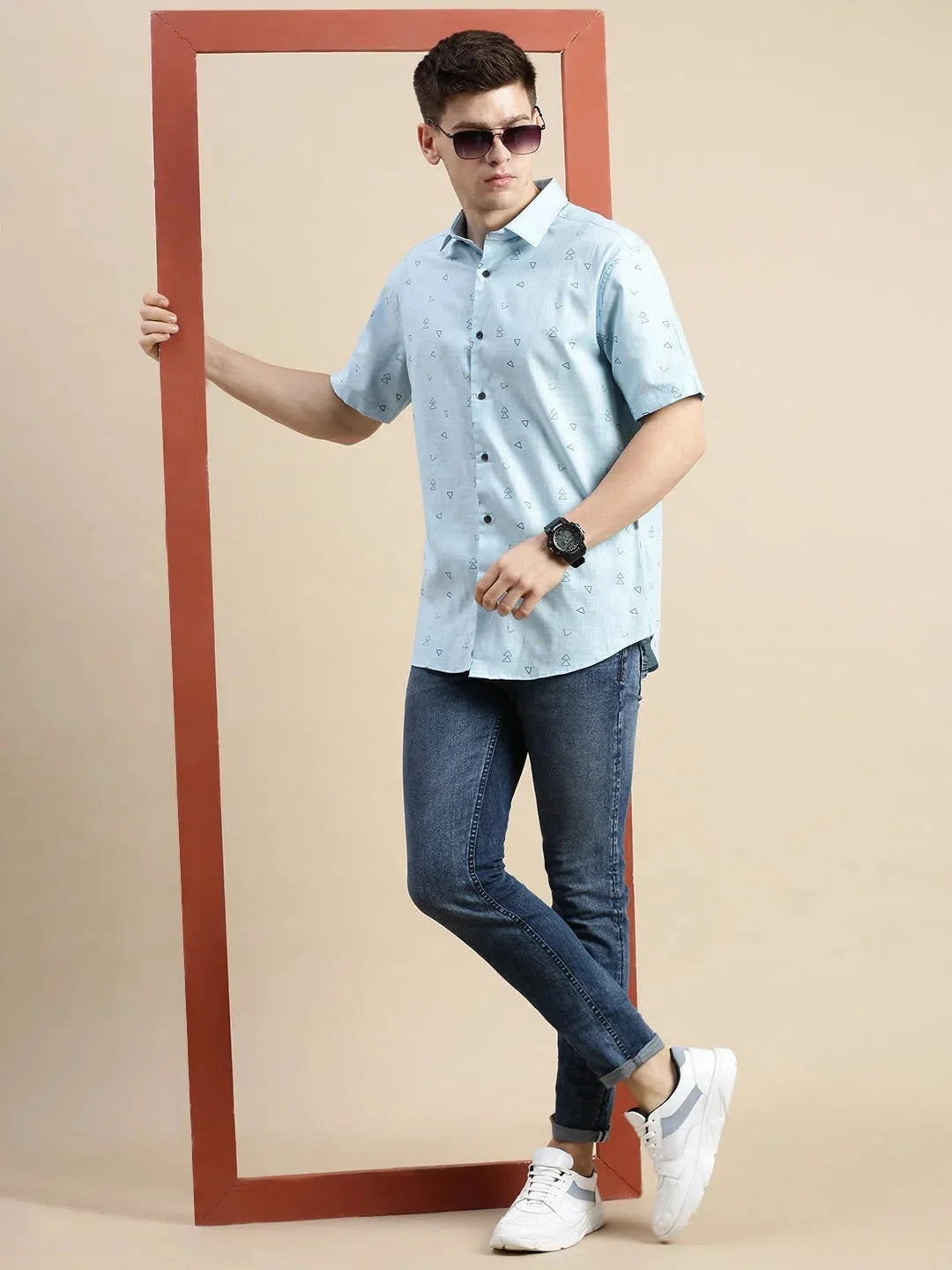 Blue Geometric Linen Shirt - Mens Printed Linen Shirt