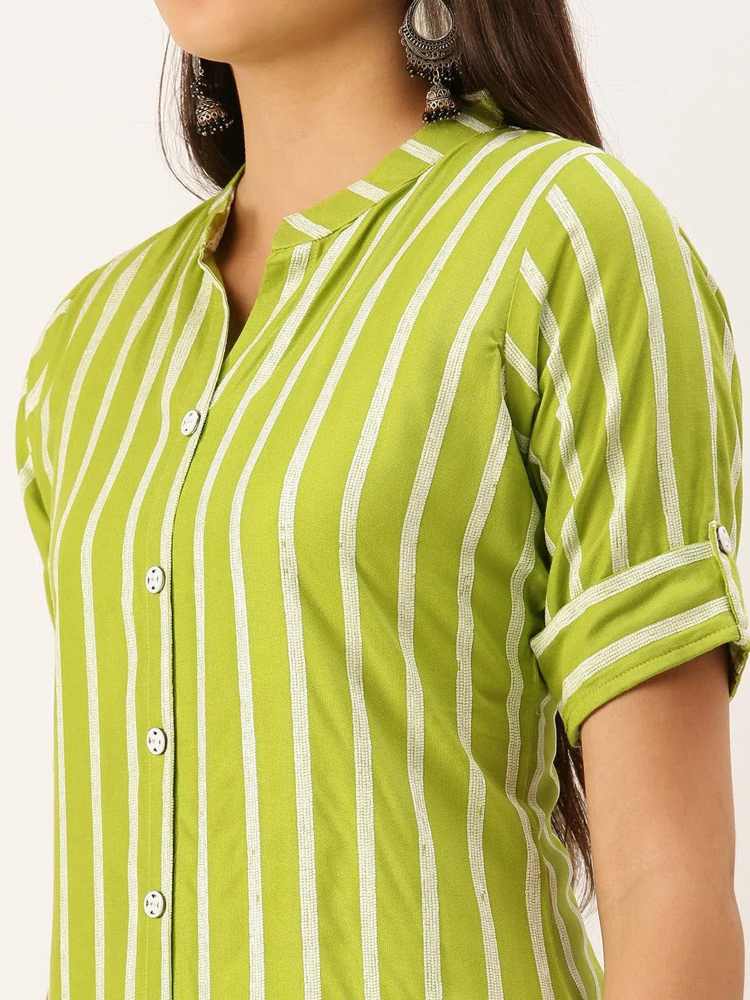 Green Striped Cotton Kurta | Women's Indian Kurta by DesiQlo