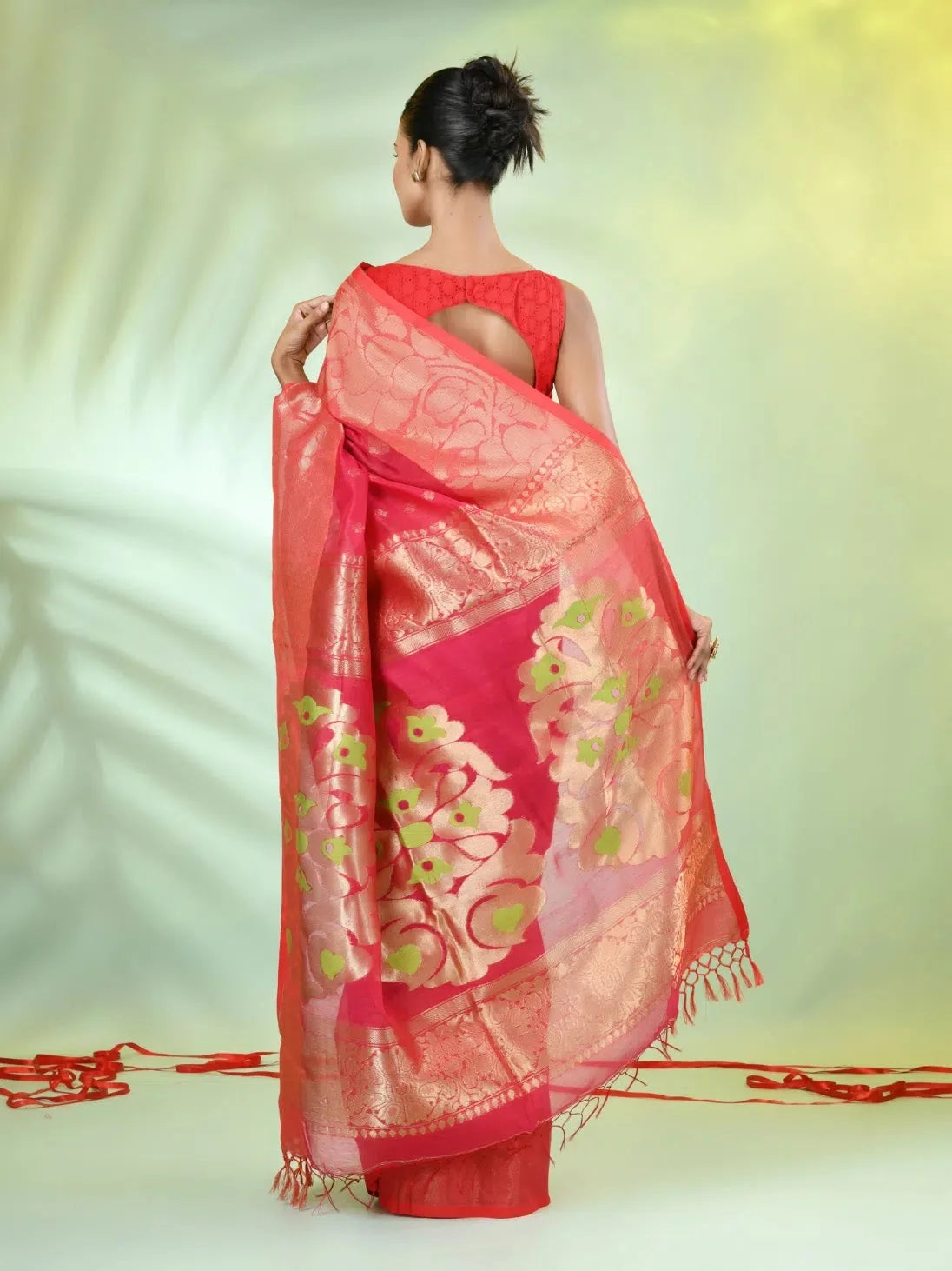 Hot Pink Cotton Indian Sari with Zari Border