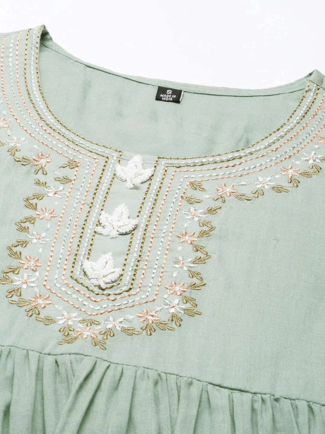Embroidered Green Cotton Kurta | A-Line Indian Kurta Ladies