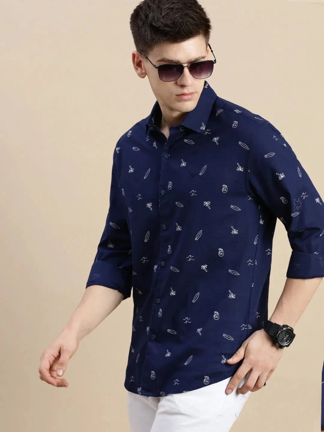 Men Navy Graphics Casual Shirt-GURJANPRINT-5412-Navyblue