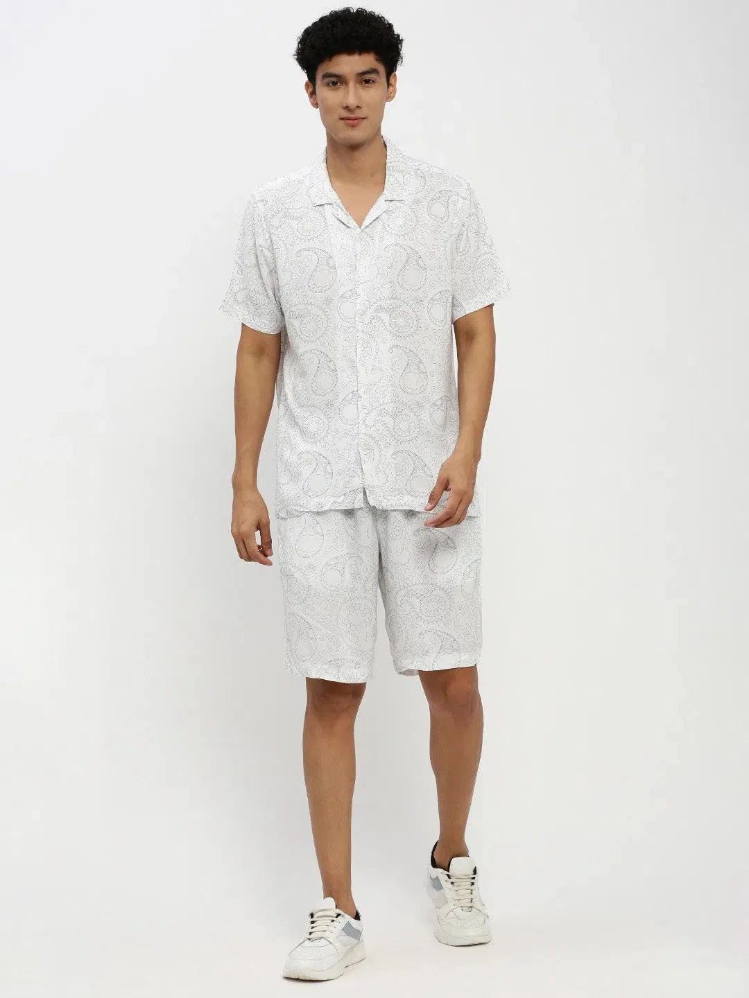 White Printed Mens Co ord Sets | Cotton Two Piece Sets