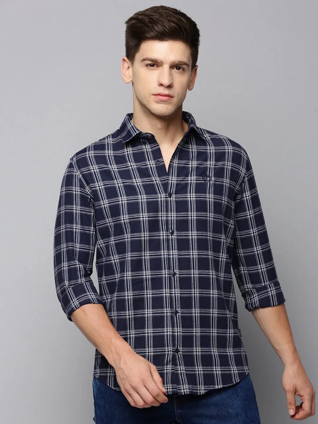 Navy Checked Mens Shirt - Cotton Casual Shirt from DesiQlo