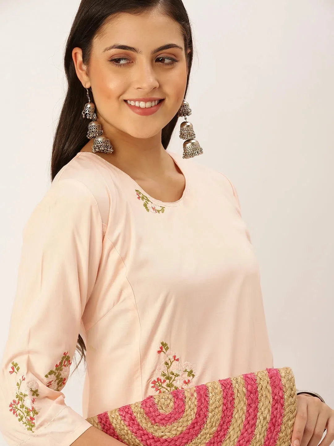 Peach Embroidered Cotton Kurta - Stylish Indian Kurtis