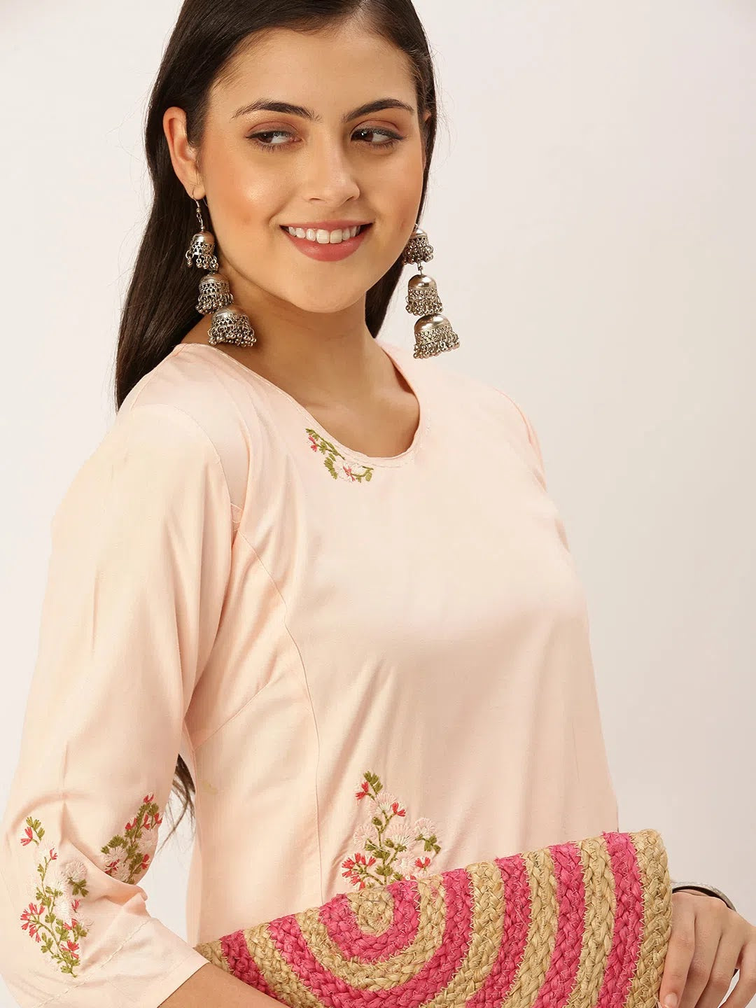 Peach Embroidered Cotton Kurta - Stylish Indian Kurtis
