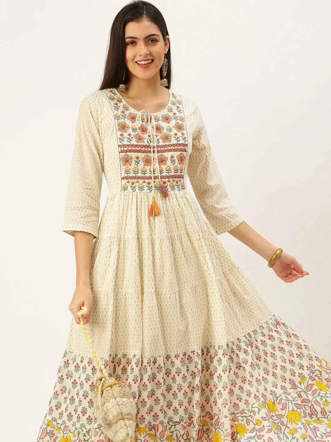 Beige Printed Cotton Anarkali Kurti for Women | DesiQlo