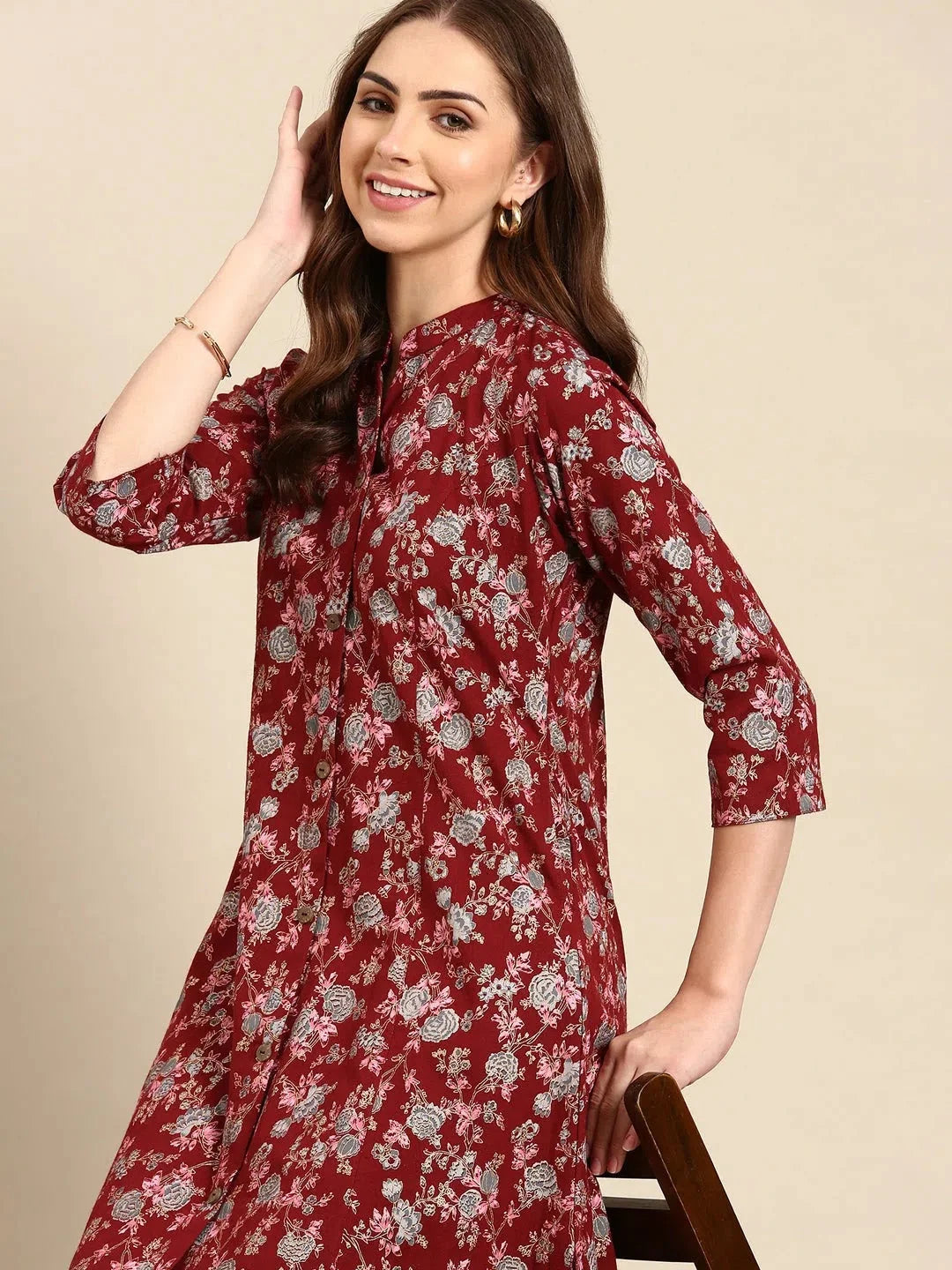 Maroon Printed A-Line Kurta | Indian Kurtas for Ladies