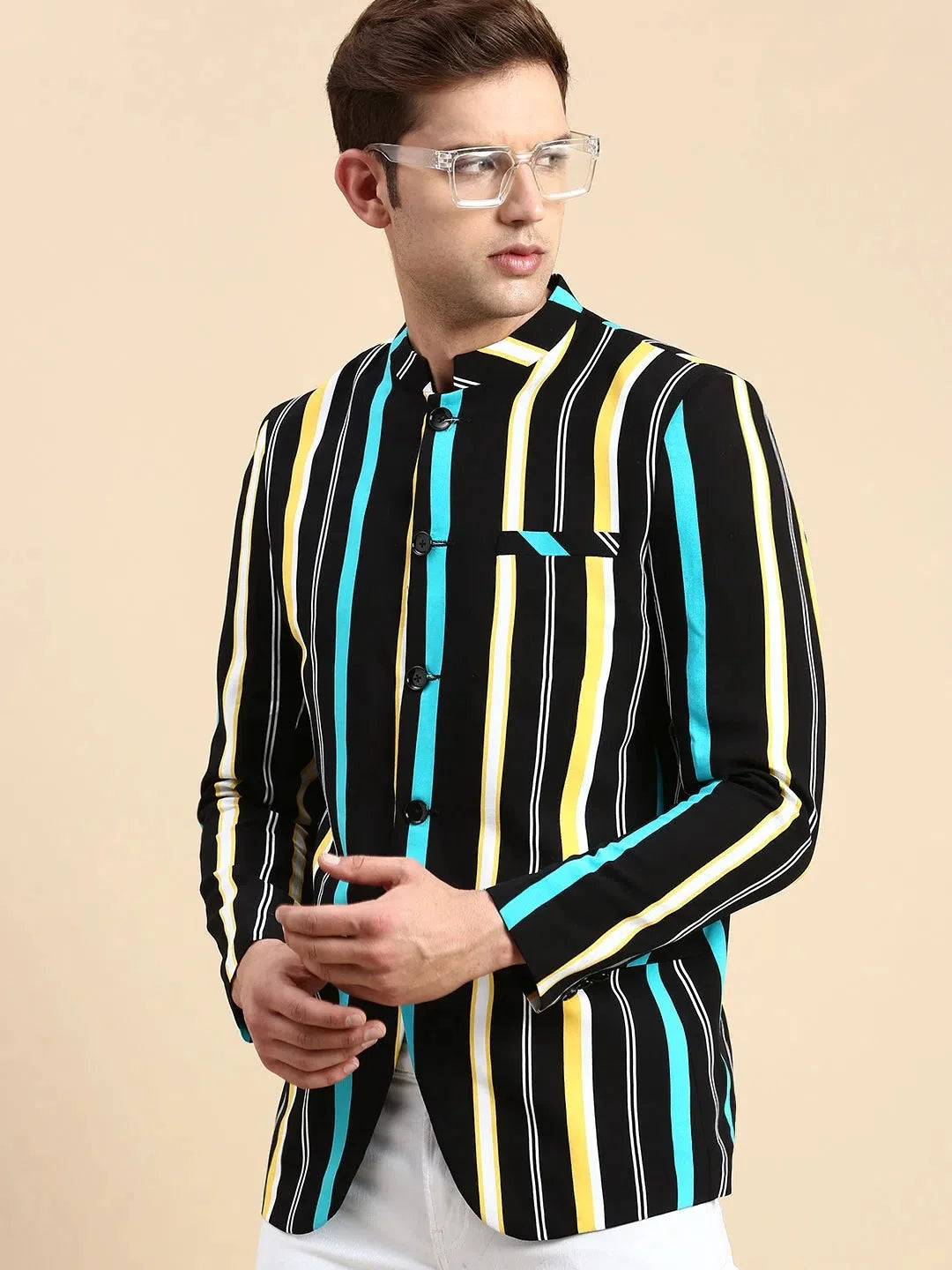 Men's Black Striped Party Blazer | Ethnic Nehru Jacket