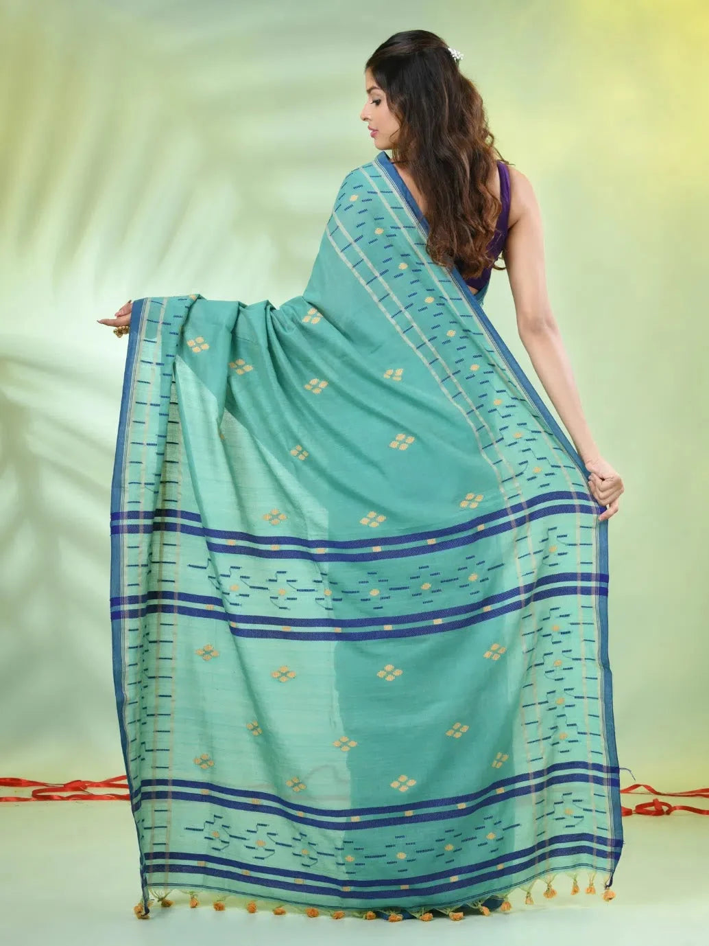 Sea Green Cotton Saree | Indian Sari with Texture Designs