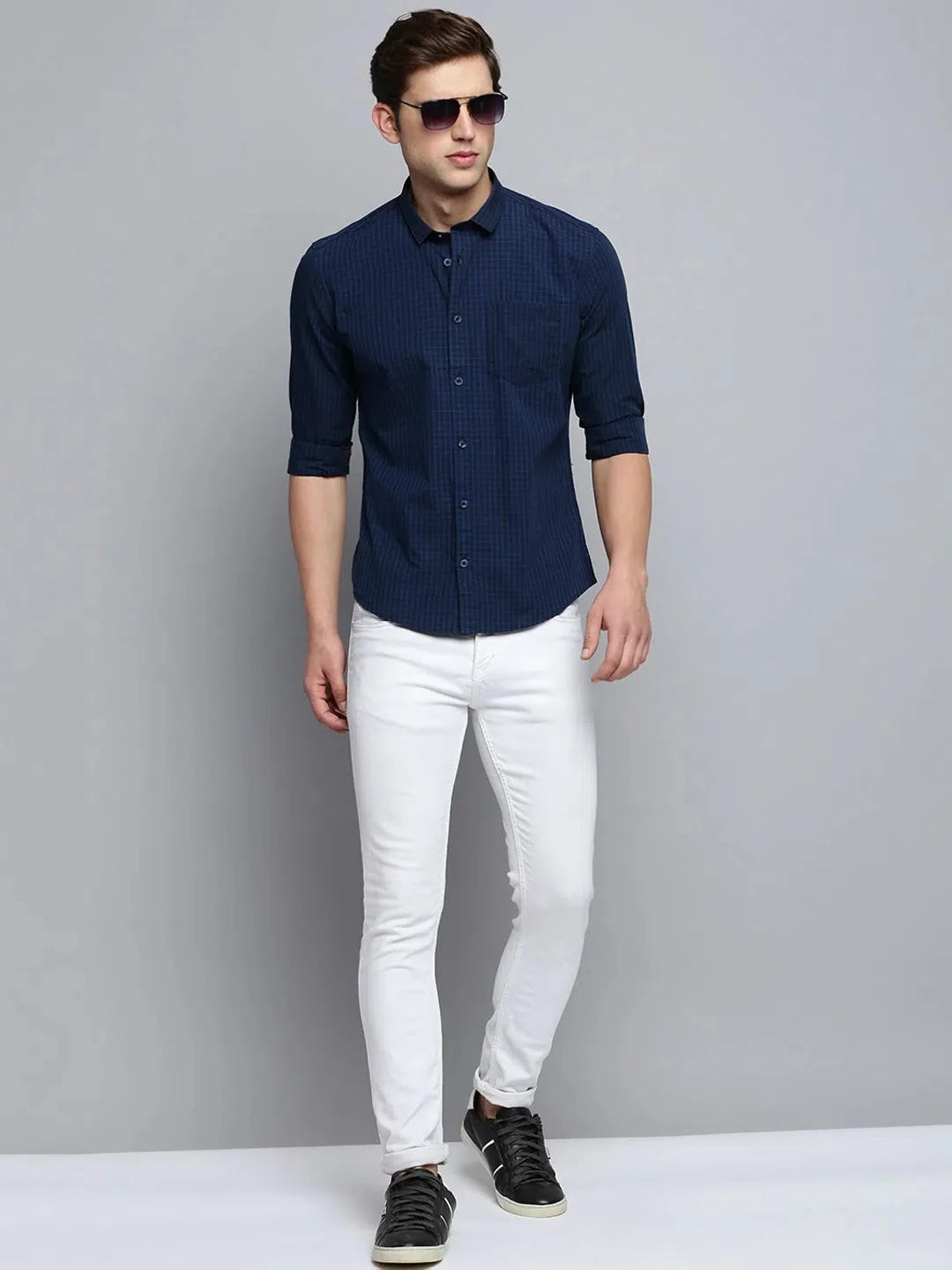 Men's Navy Checked Cotton Shirt | Casual Wear