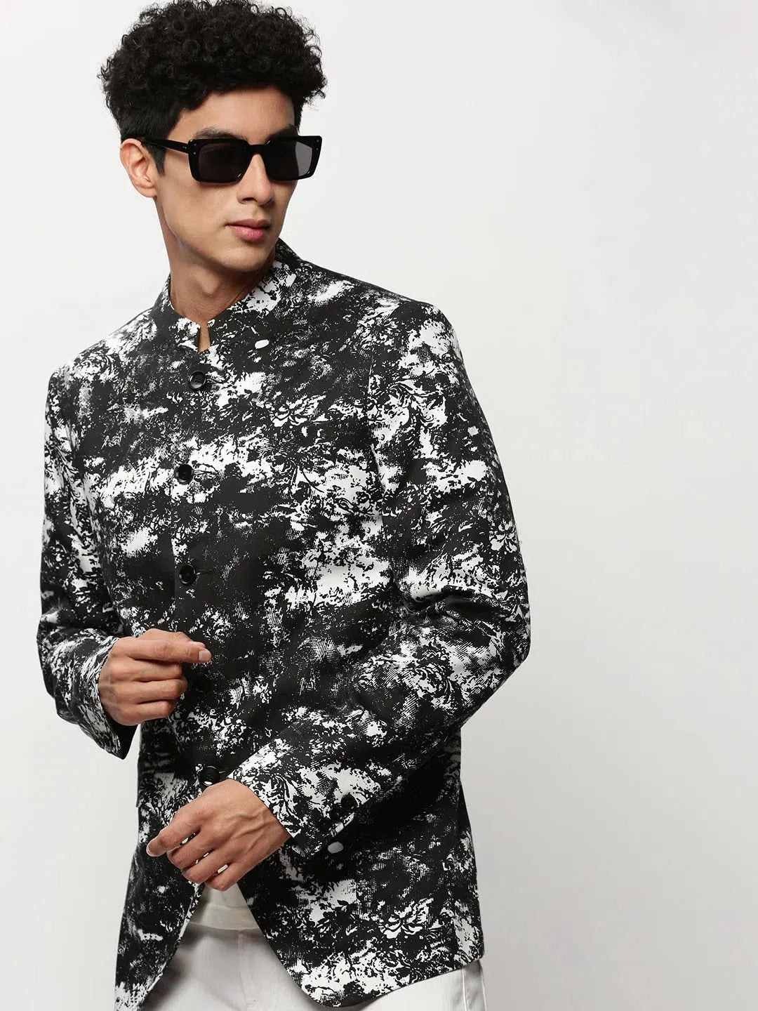 Men's Black Printed Casual Blazer | Ethnic Nehru Jacket Style