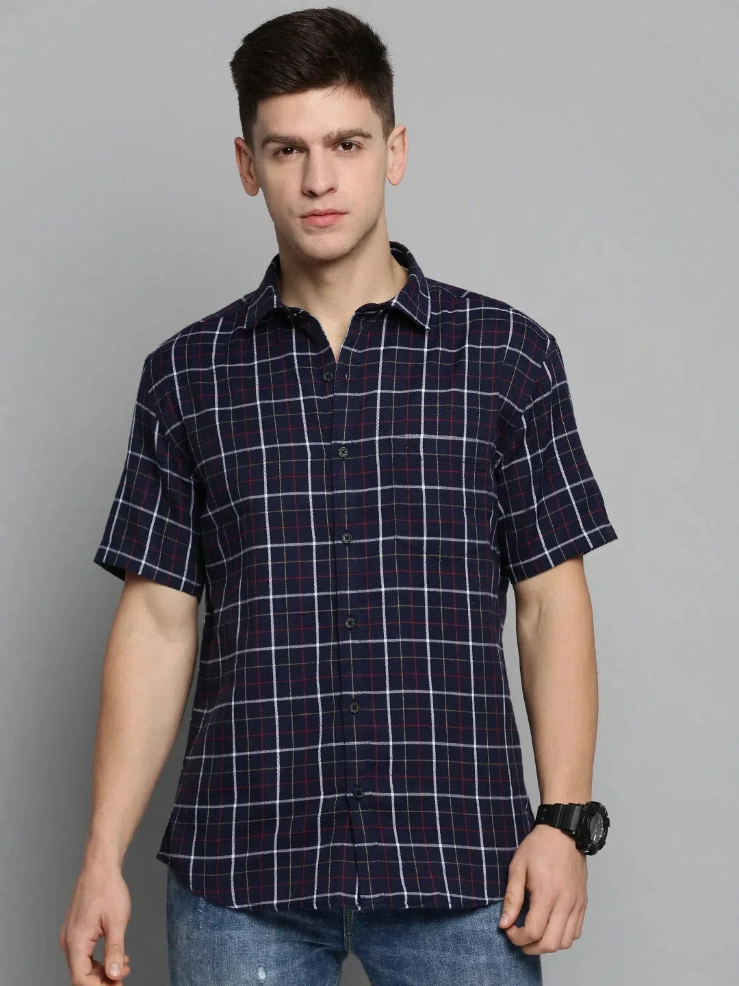 Navy Checked Mens Shirt - Cotton Casual Shirts | DesiQlo