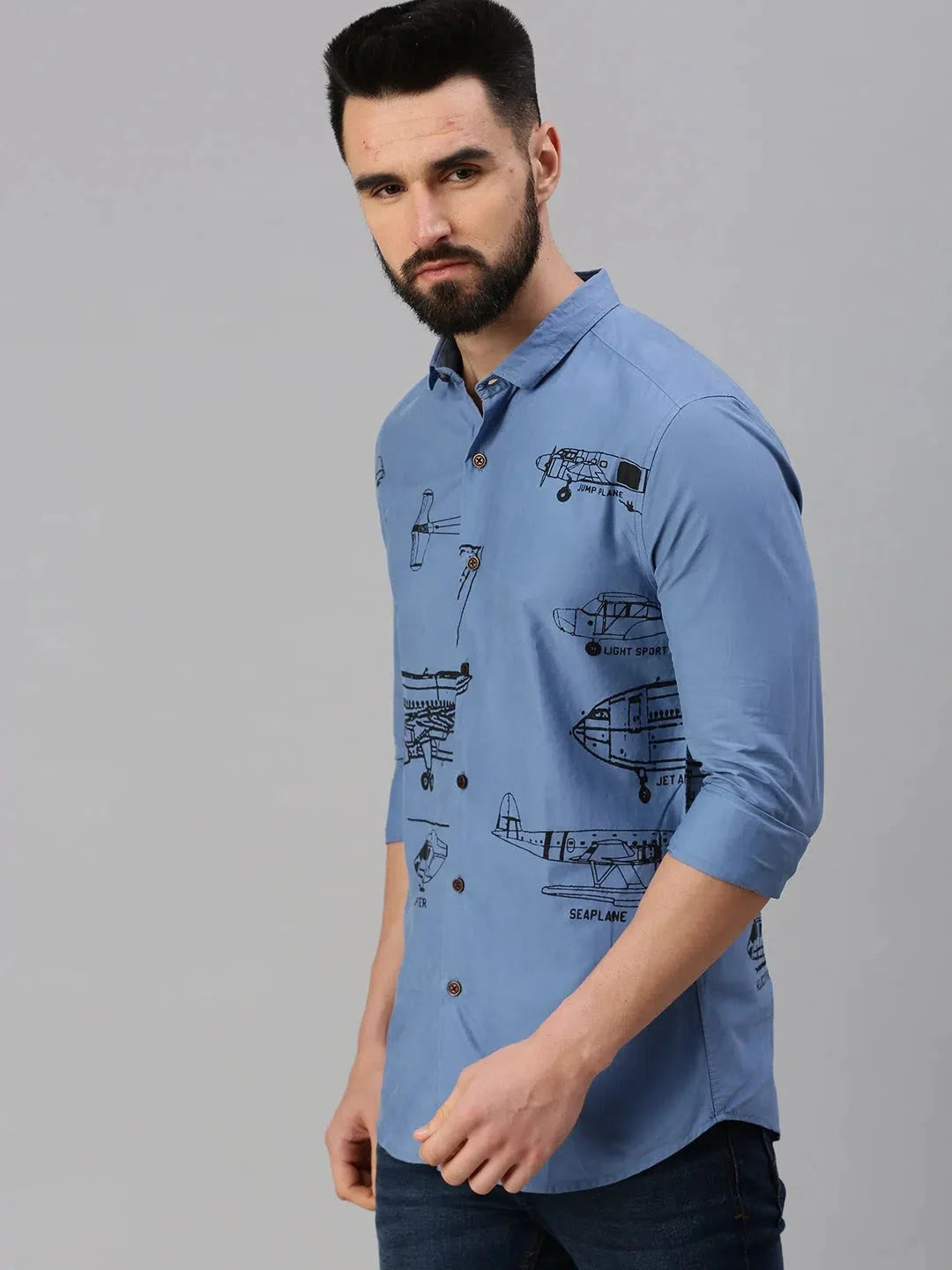 Blue Printed Cotton Mens Shirt - Stylish Casual DesiQlo Shirt