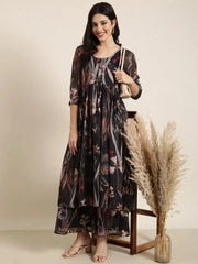 Women Black Printed Top & Palazzos Set Comes With Jacket-DW-5498-Black
