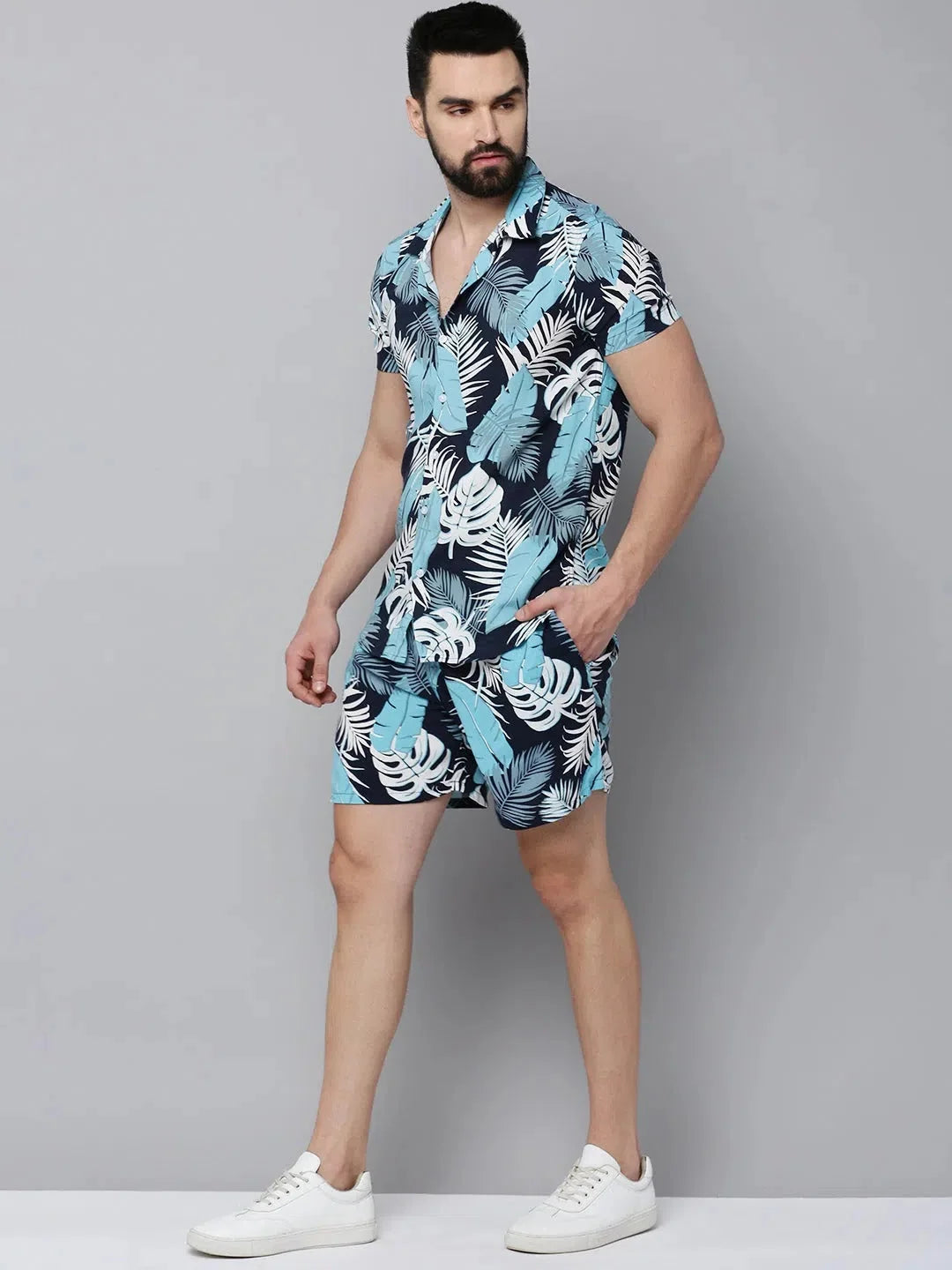 Navy Printed Cotton Casual Co Ord Sets Men | Showoff