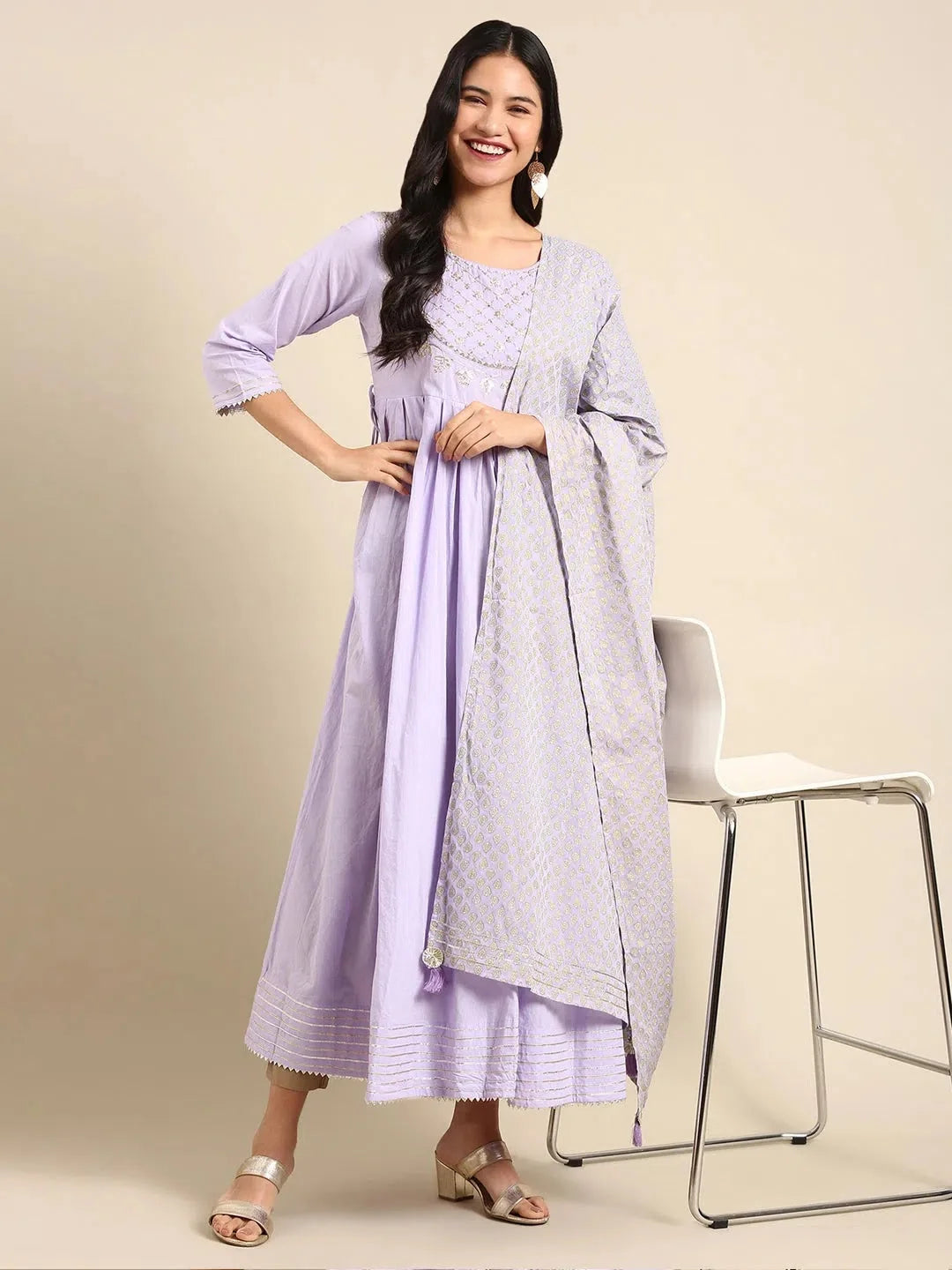 Lavender Solid Anarkali Kurta | Cotton Anarkali Kurti for Women