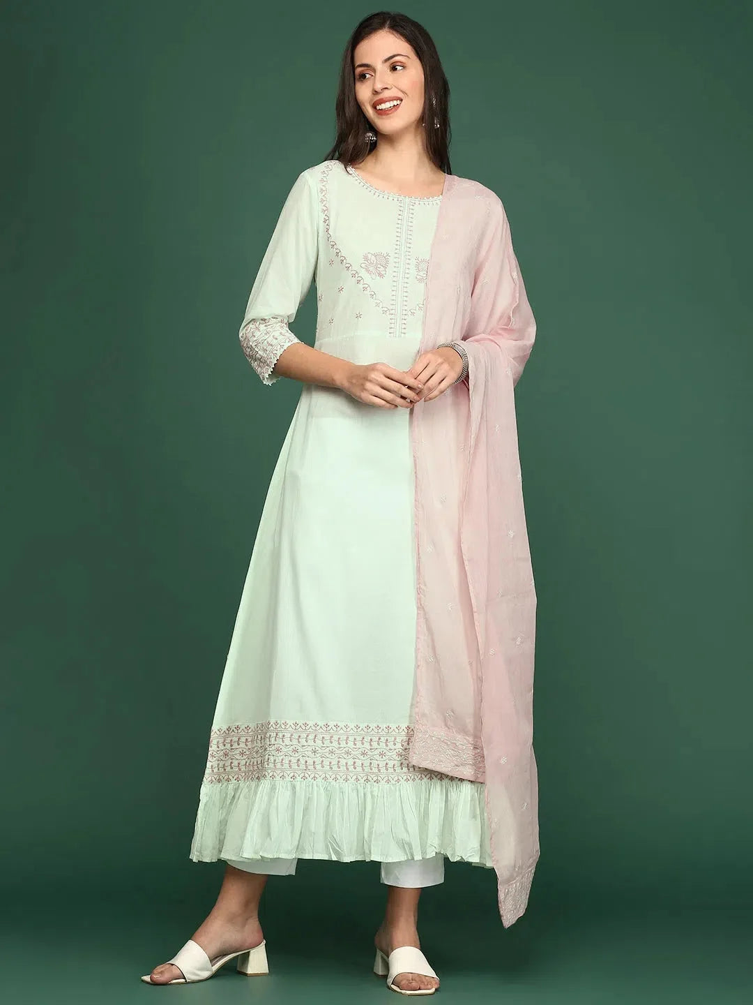 Green Embroidered A-Line Kurta | Cotton Indian Kurtas Online