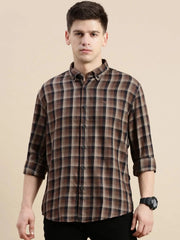 Men Brown Checked Casual Shirt-GROVER-1108-Brown