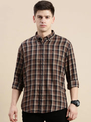Men Brown Checked Casual Shirt-GROVER-1108-Brown